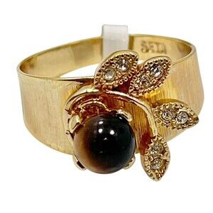 Vtg SETA Gold Plated Tigers Eye Stone Cocktail Ring Size 9 Cubic Zirconia Leaves
